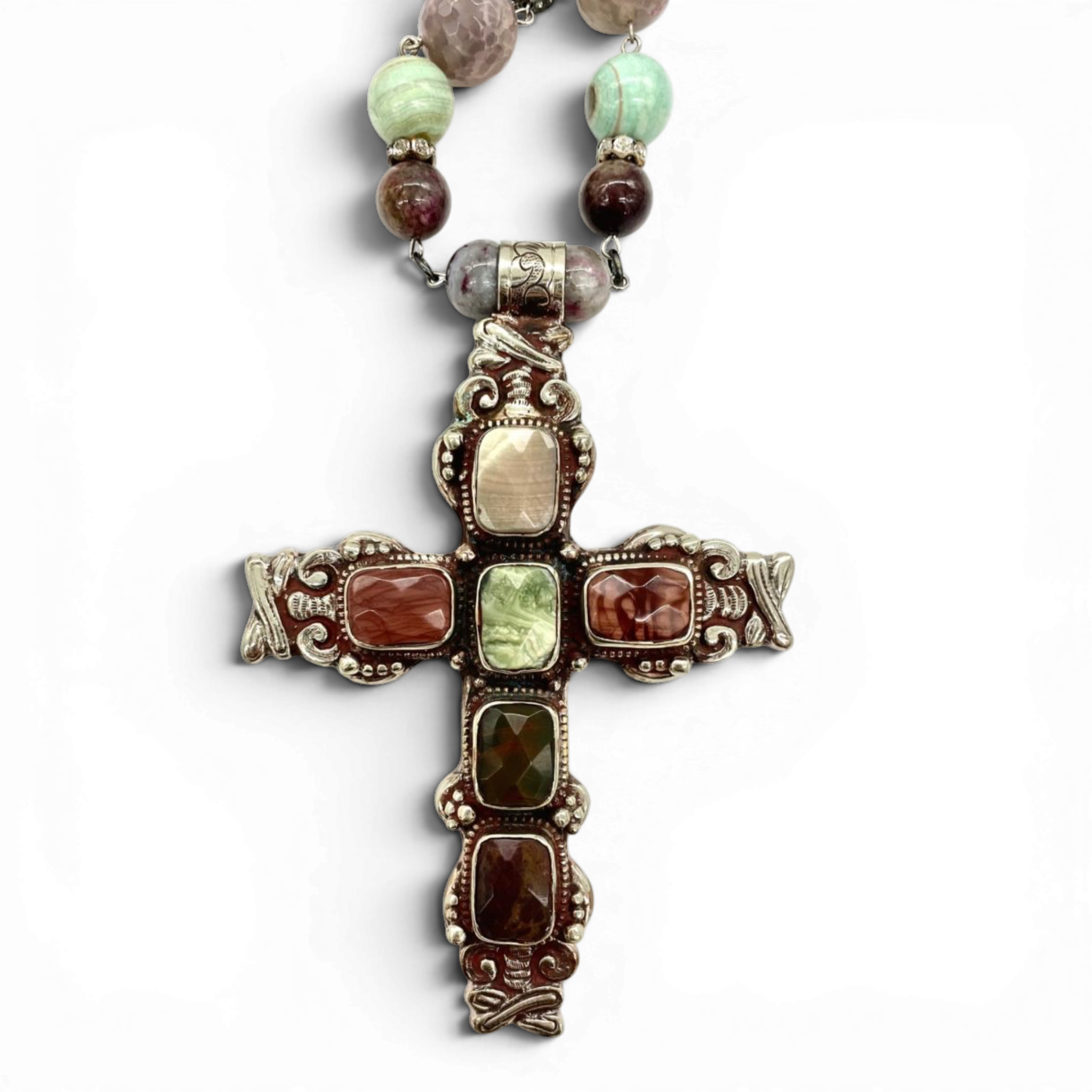 Jasper Reliquary Cross Necklace — Handcrafted Silver, Faceted Jasper & Stone Beads | Lannie Cunningham | 39"