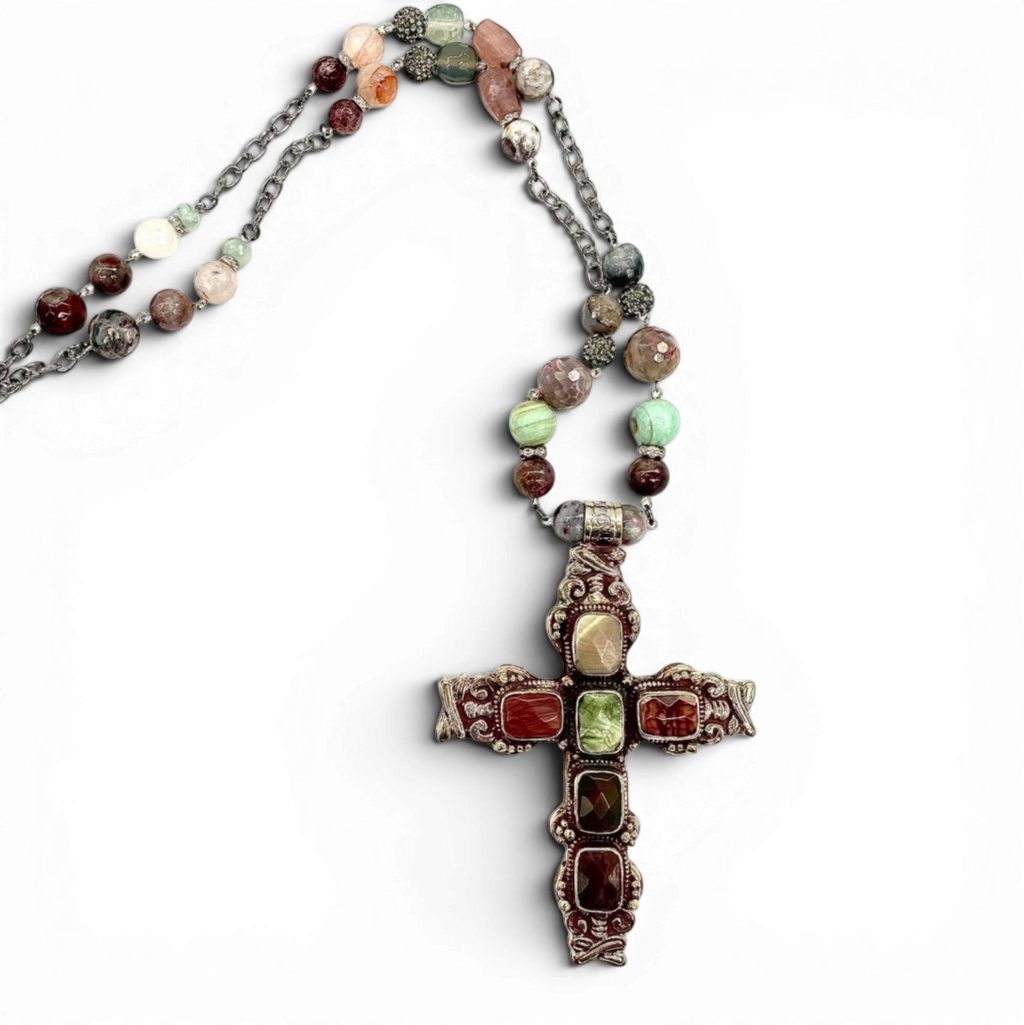 Jasper Reliquary Cross Necklace — Handcrafted Silver, Faceted Jasper & Stone Beads | Lannie Cunningham | 39"