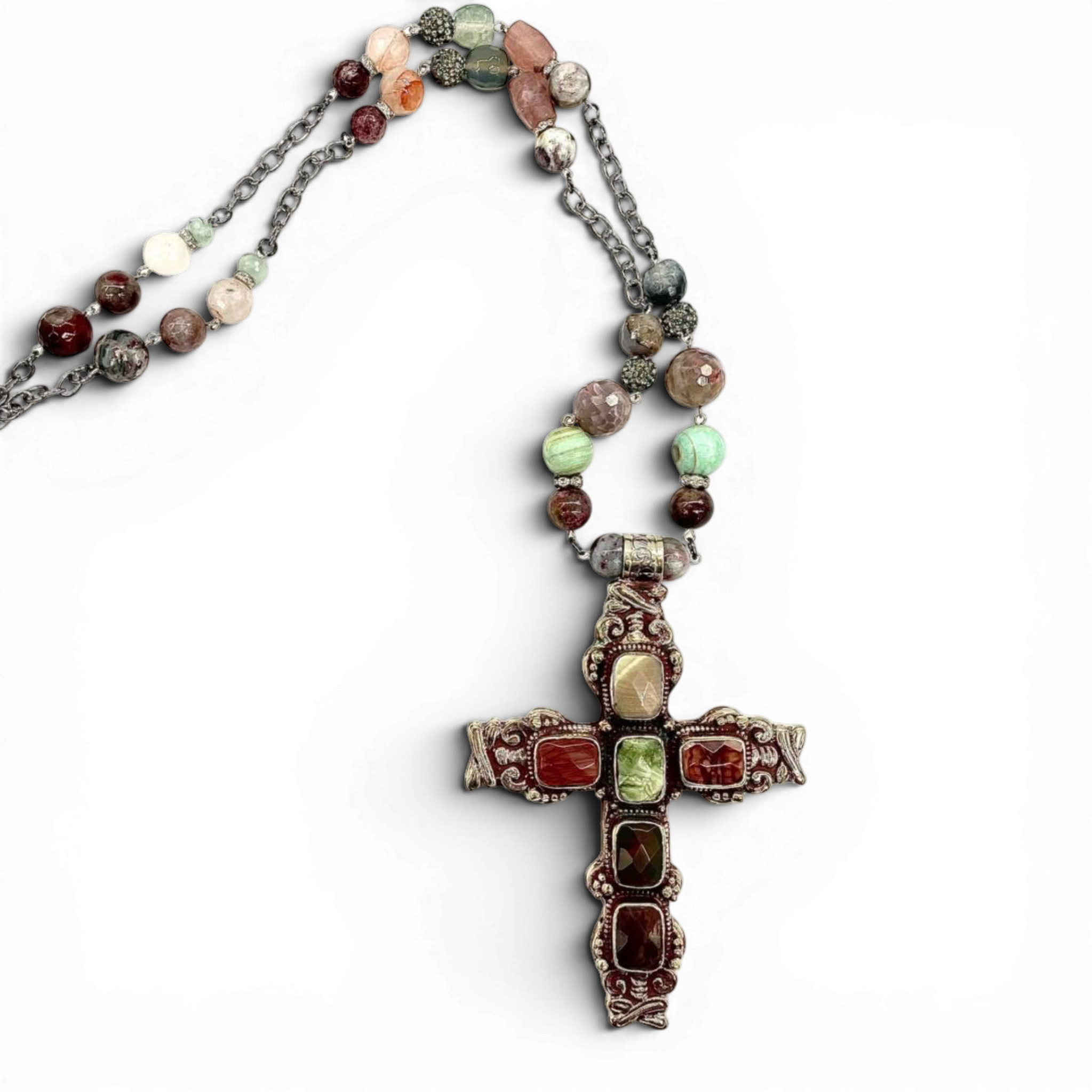 Jasper Reliquary Cross Necklace — Handcrafted Silver, Faceted Jasper & Stone Beads | Lannie Cunningham | 39"