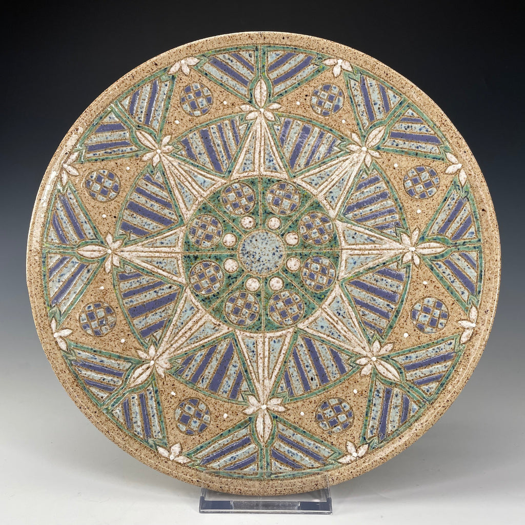 "Kaleidoscope Skies" Hand-Carved Stoneware Plate — Decorative & Functional Art