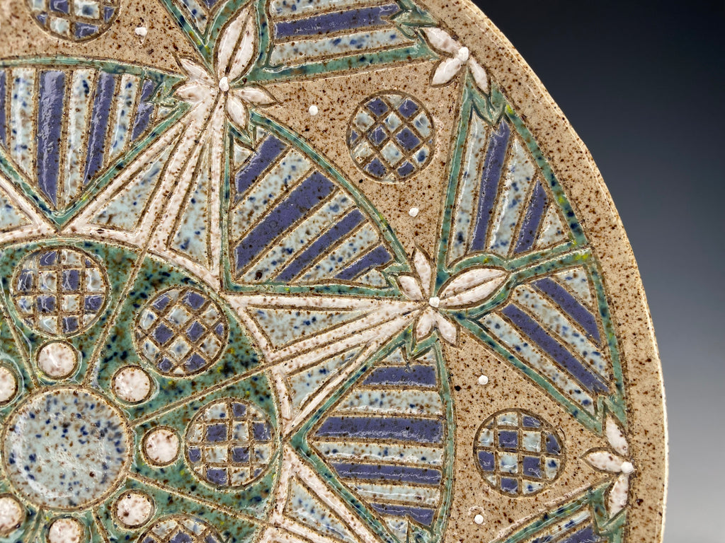 "Kaleidoscope Skies" Hand-Carved Stoneware Plate — Decorative & Functional Art
