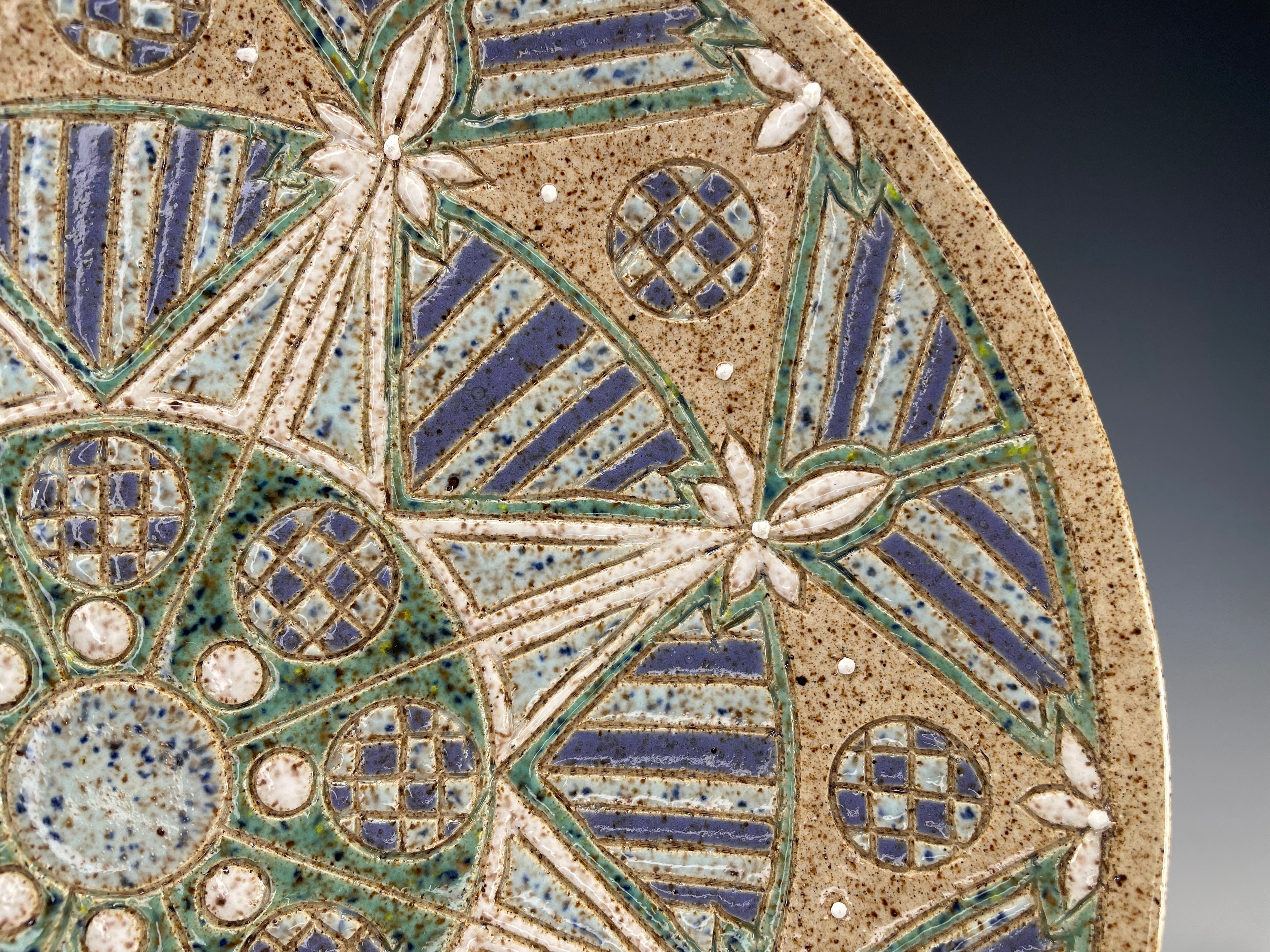 "Kaleidoscope Skies" Hand-Carved Stoneware Plate — Decorative & Functional Art