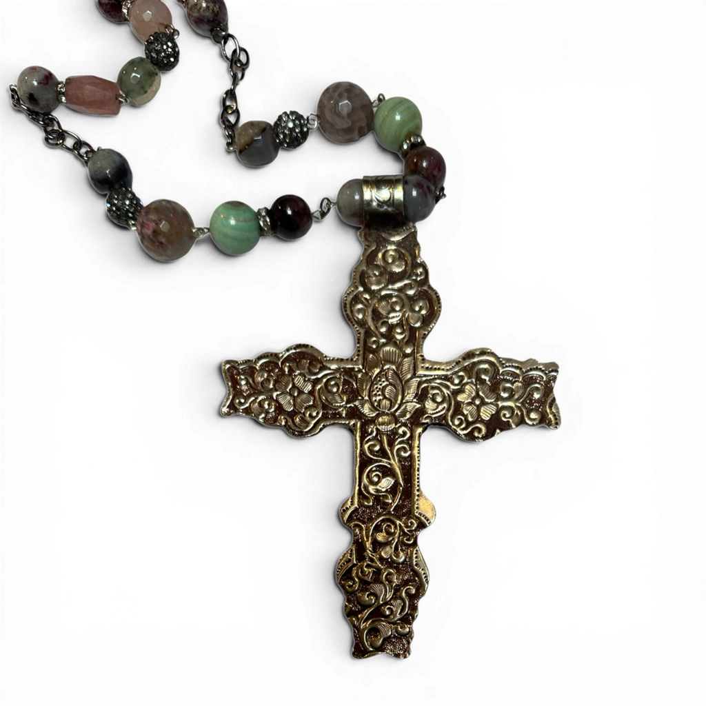 Jasper Reliquary Cross Necklace — Handcrafted Silver, Faceted Jasper & Stone Beads | Lannie Cunningham | 39"