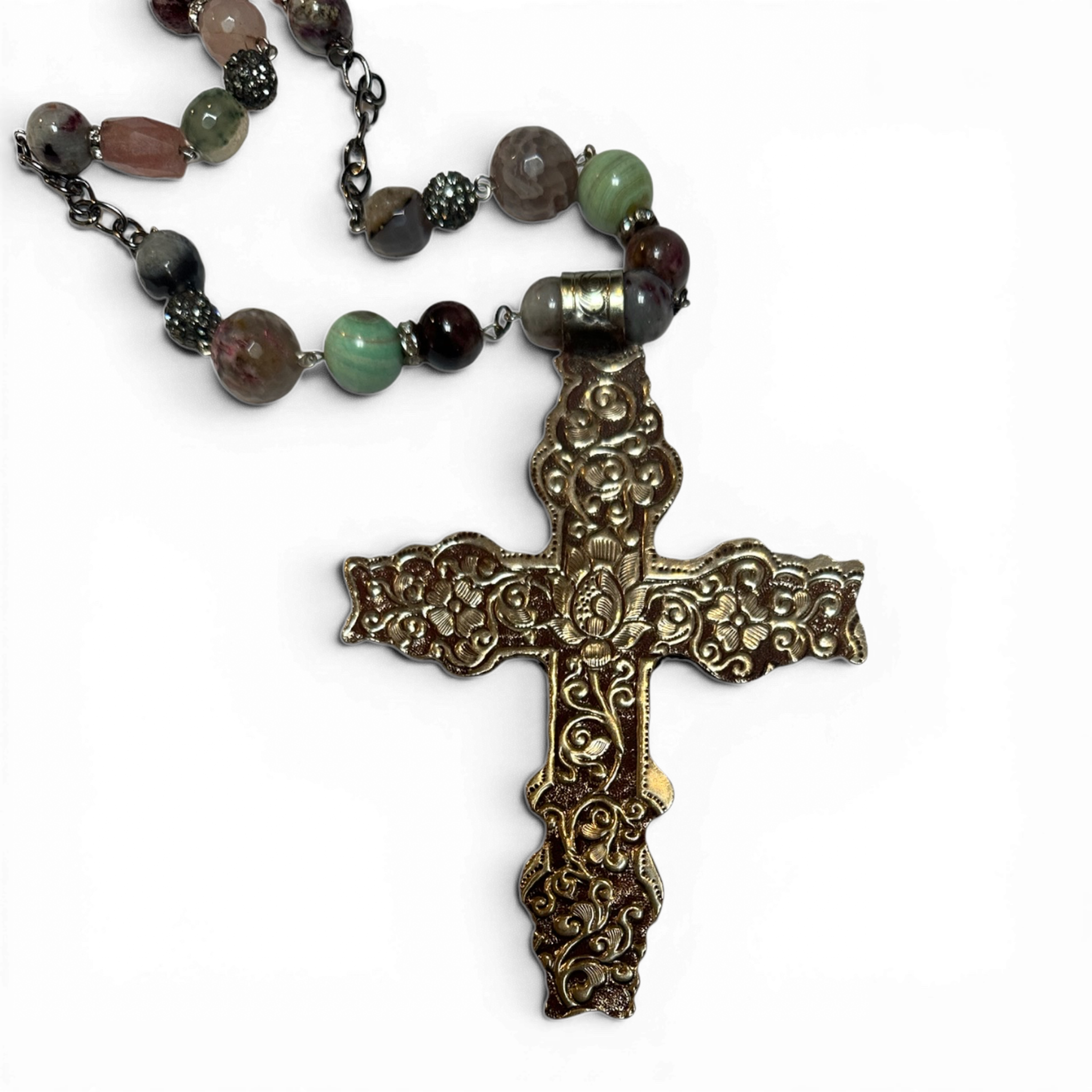 Jasper Reliquary Cross Necklace — Handcrafted Silver, Faceted Jasper & Stone Beads | Lannie Cunningham | 39"