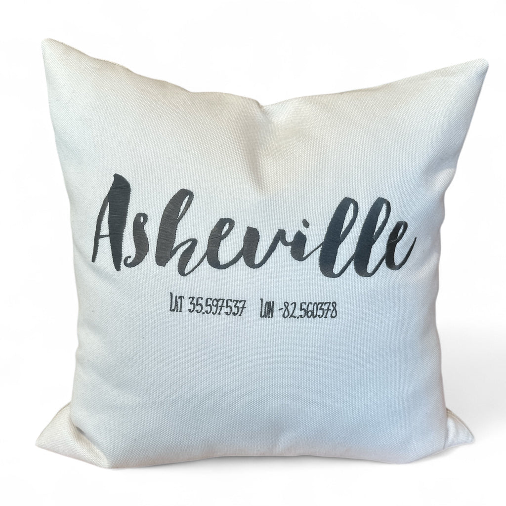 Asheville Script Lat Long Throw Pillow