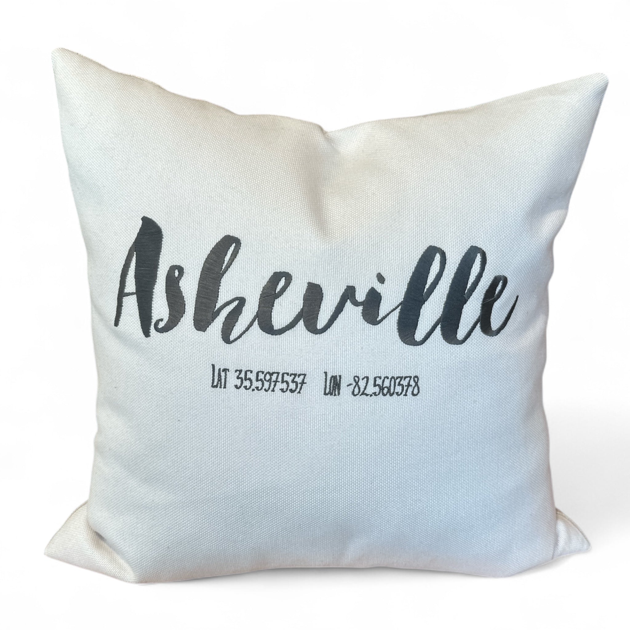 Asheville Script Lat Long Throw Pillow