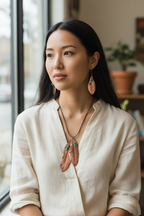 Copper Feather Jewelry Set | Necklace & Earrings with Turquoise & Wood Beads