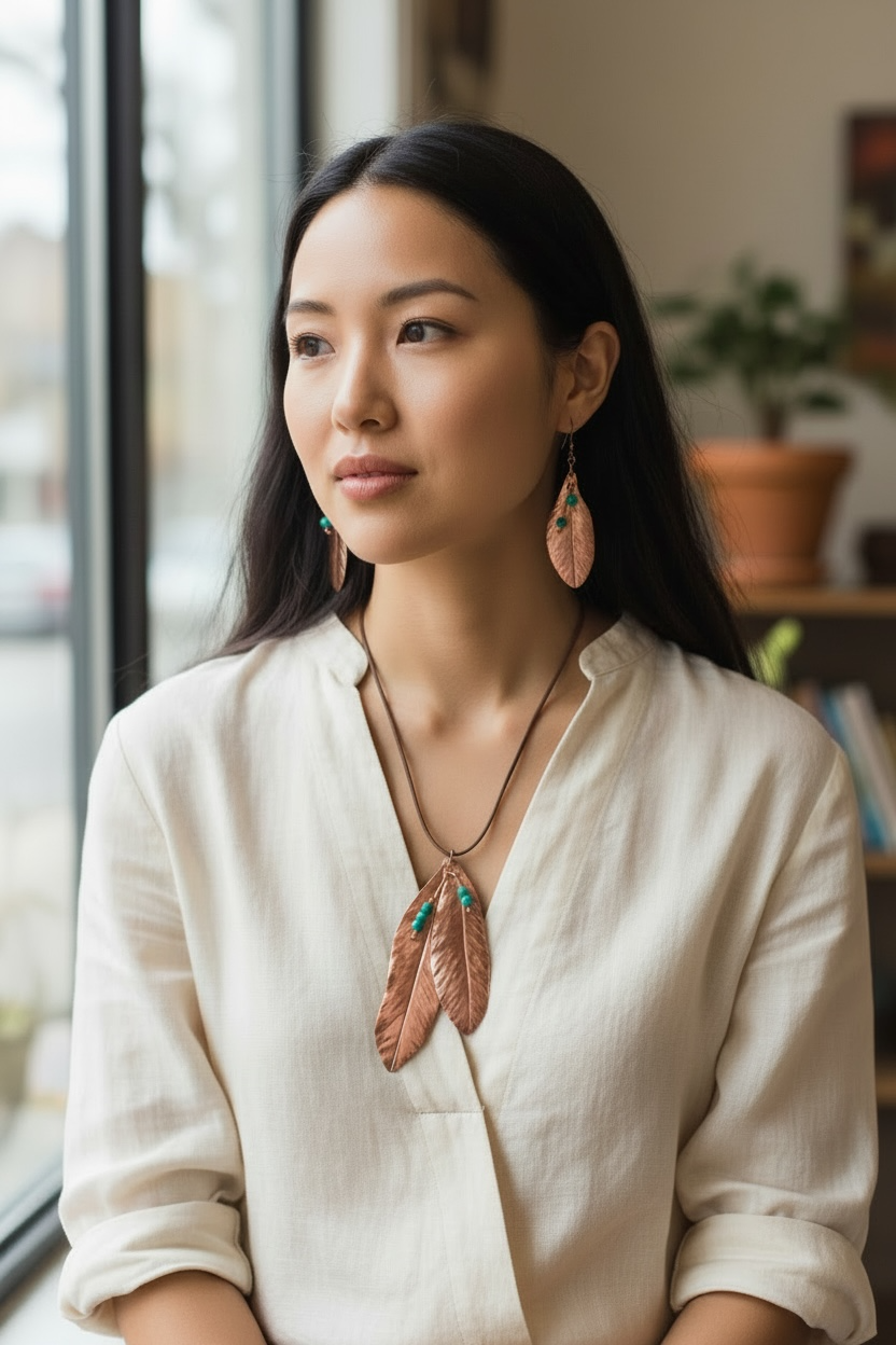 Copper Feather Jewelry Set | Necklace & Earrings with Turquoise & Silver Metallic Beads