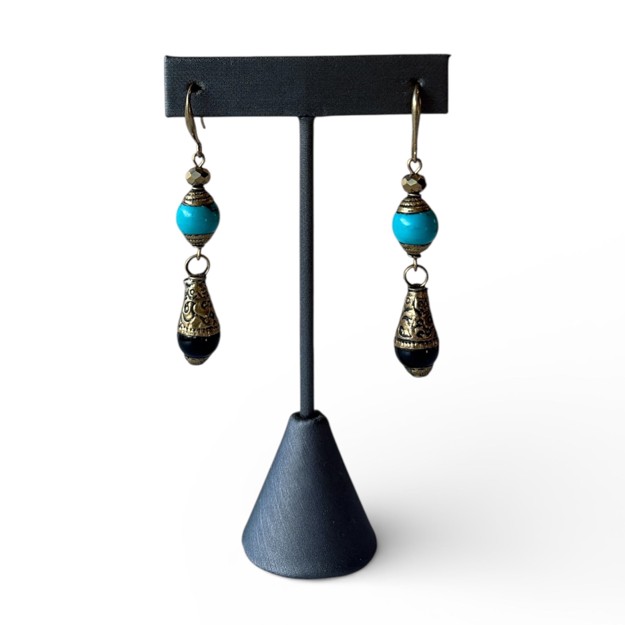 Tibetan Turquoise & Jet with Brass Drop Earrings