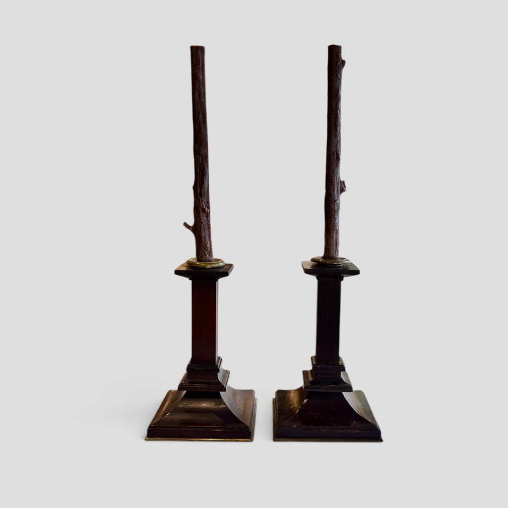Antique Arts & Crafts Mahogany Candlesticks w/ Brass Trim | Set of 2