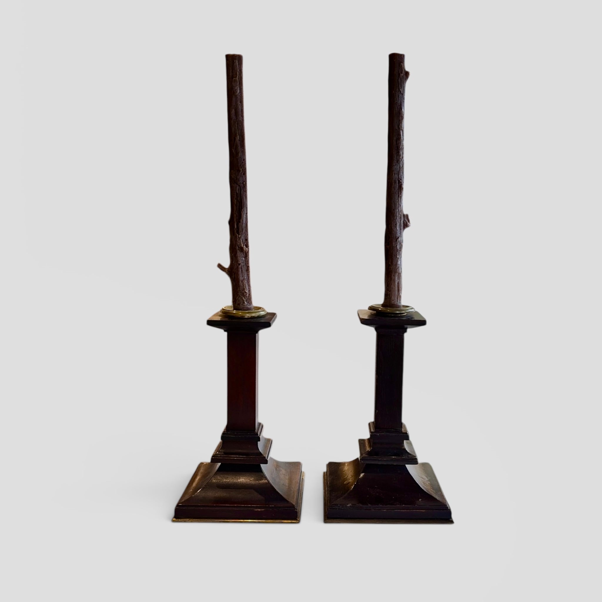 Antique Arts & Crafts Mahogany Candlesticks w/ Brass Trim | Set of 2