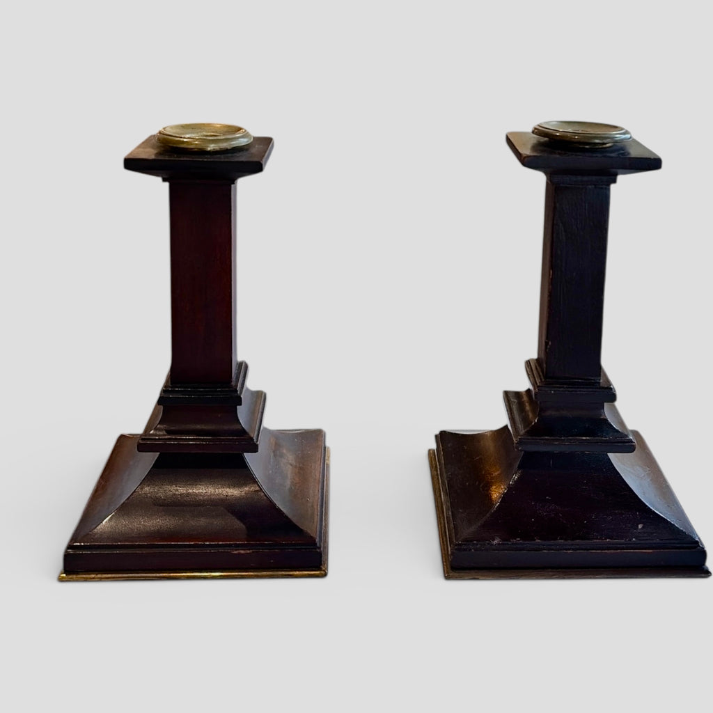 Antique Arts & Crafts Mahogany Candlesticks w/ Brass Trim | Set of 2