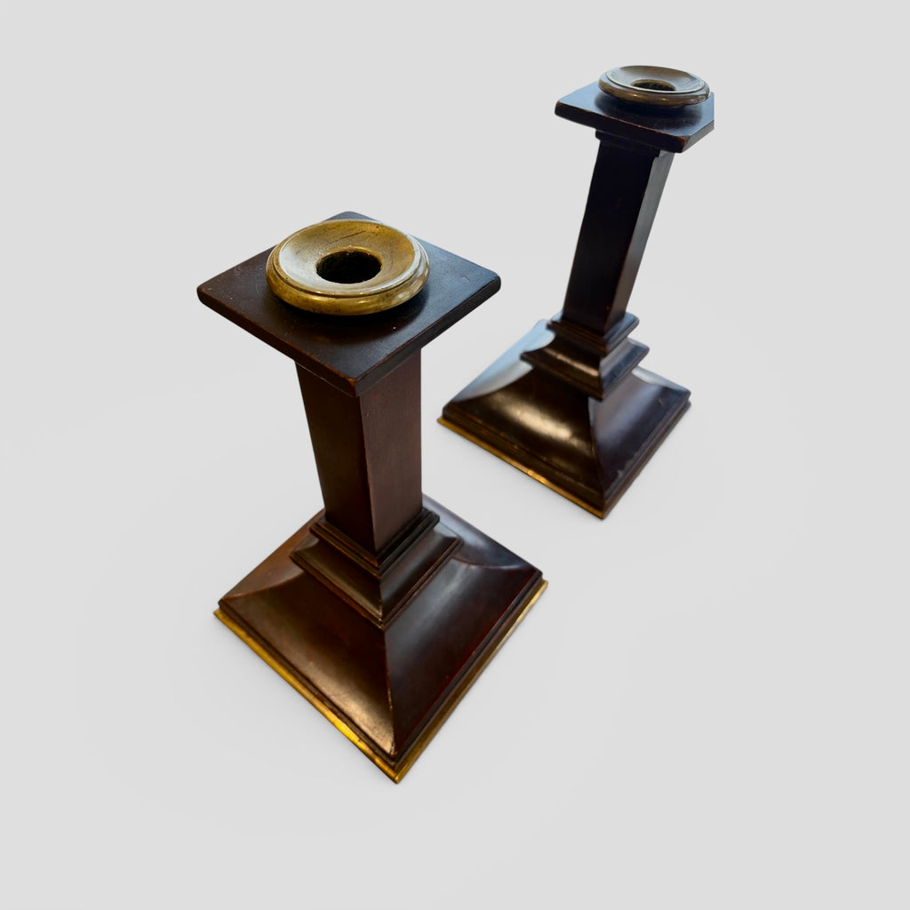 Antique Arts & Crafts Mahogany Candlesticks w/ Brass Trim | Set of 2