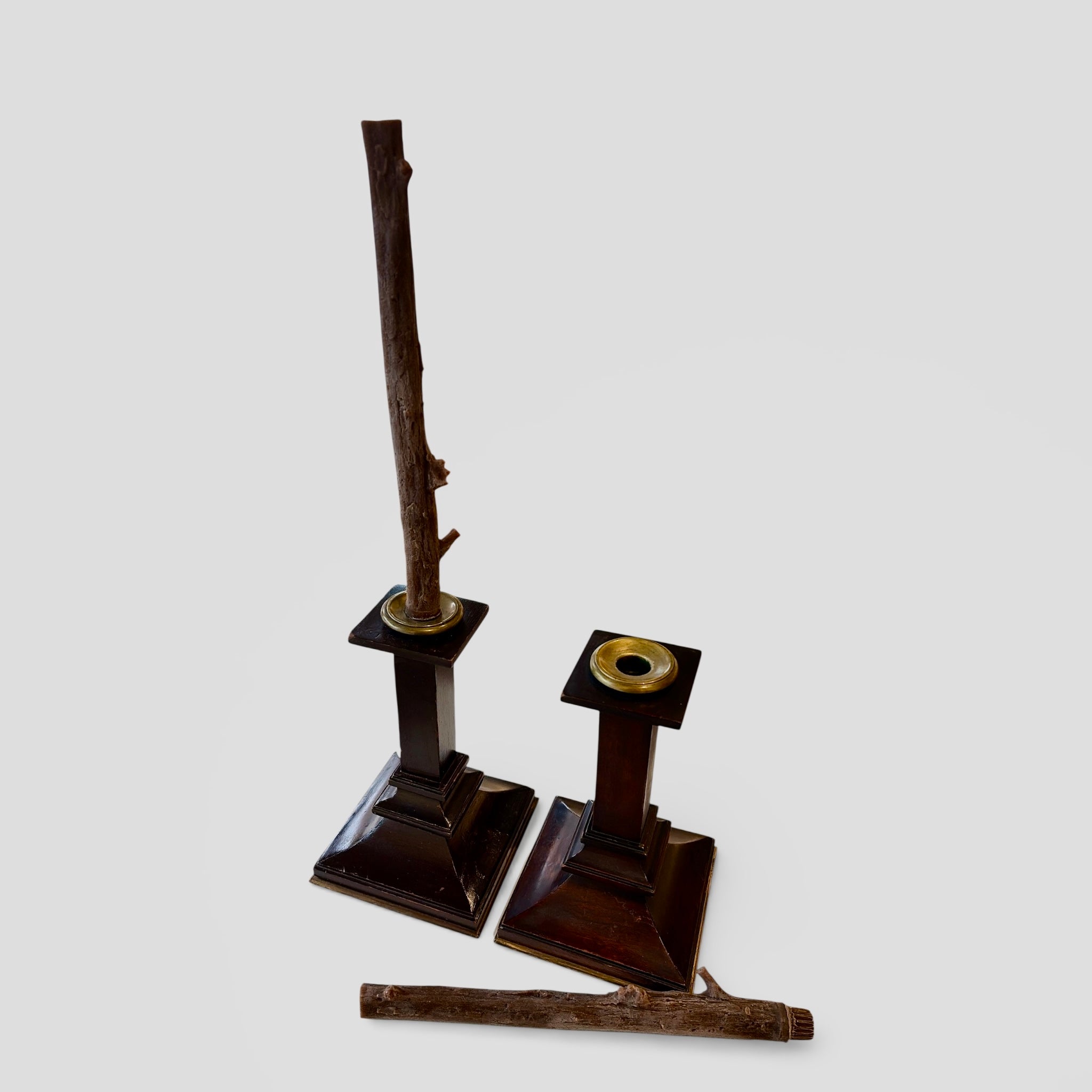 Antique Arts & Crafts Mahogany Candlesticks w/ Brass Trim | Set of 2