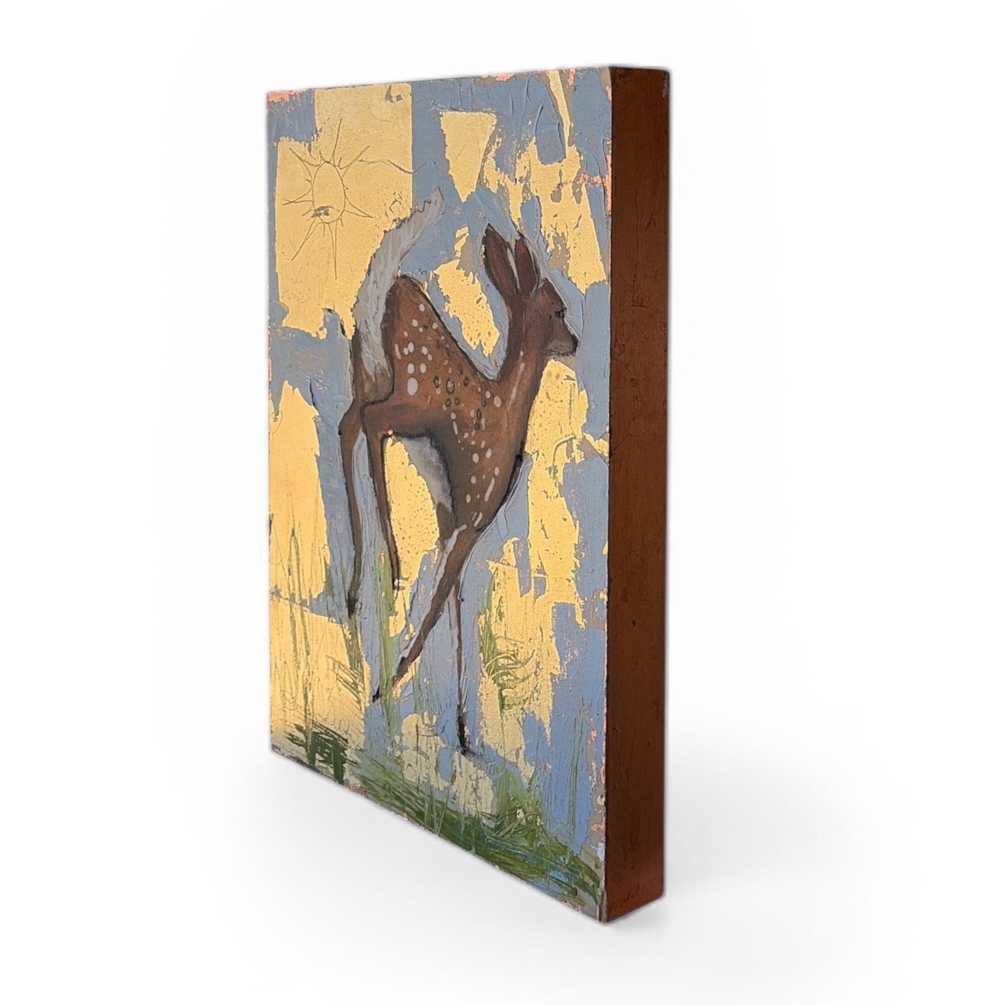 "Bum in the Sun" Deer Oil Painting w/ Gold & Copper Leaf