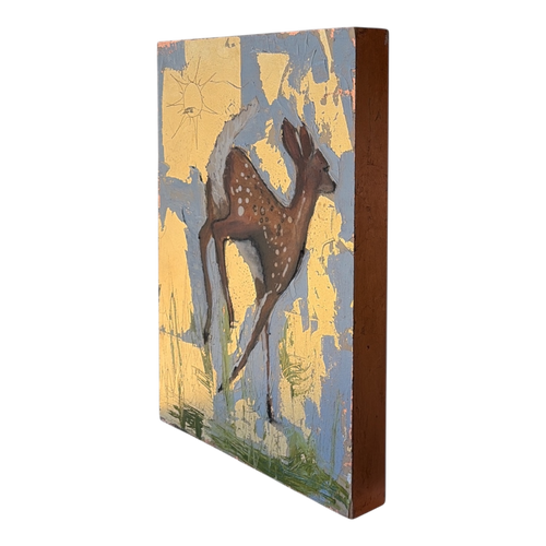 "Bum in the Sun" Deer Oil Painting w/ Gold & Copper Leaf
