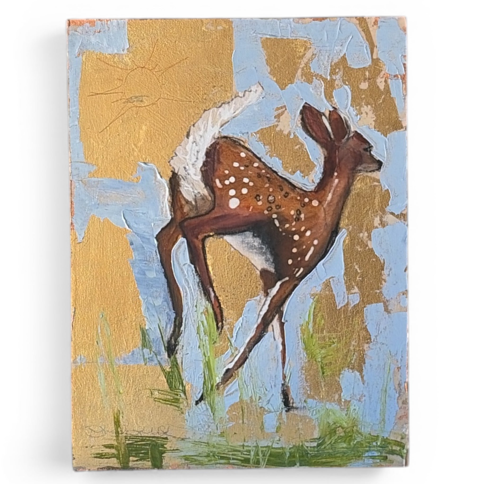 "Bum in the Sun" Deer Oil Painting w/ Gold & Copper Leaf