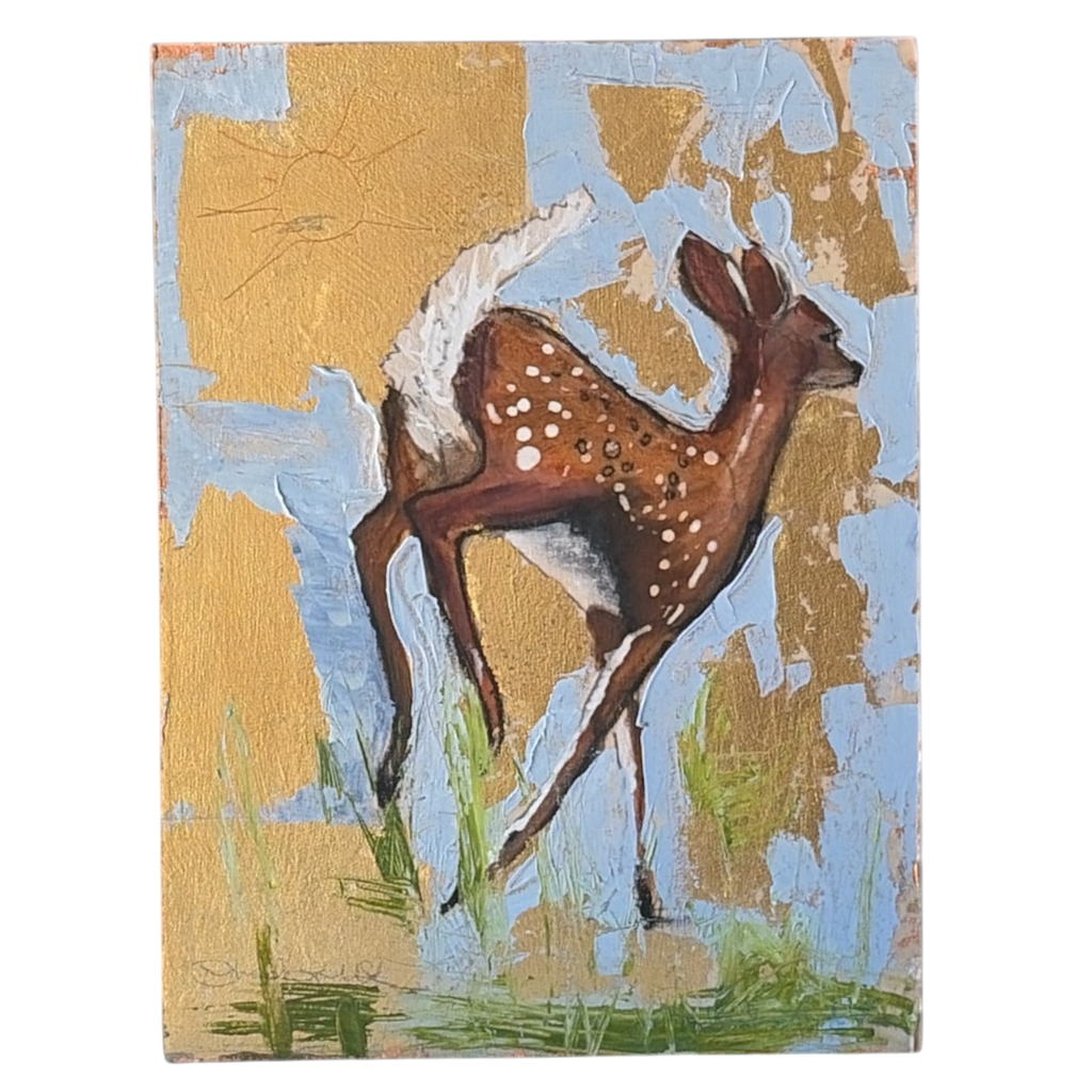 "Bum in the Sun" Deer Oil Painting w/ Gold & Copper Leaf