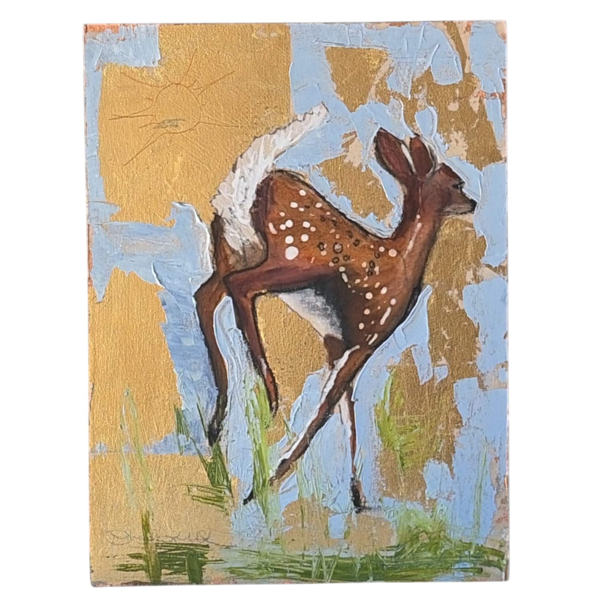 "Bum in the Sun" Deer Oil Painting w/ Gold & Copper Leaf