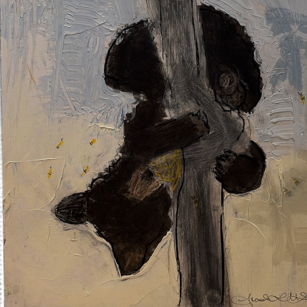 "Honeycomb" Bear Cub Oil Painting w/ Silver Leaf