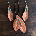 Copper Feather Jewelry Set | Necklace & Earrings with Turquoise & Wood Beads