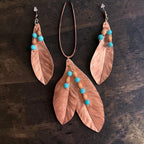 Copper Feather Jewelry Set | Necklace & Earrings with Turquoise & Wood Beads