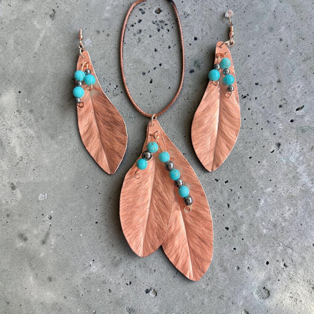 Copper Feather Jewelry Set | Necklace & Earrings with Turquoise & Silver Metallic Beads