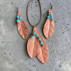Copper Feather Jewelry Set | Necklace & Earrings with Turquoise & Silver Metallic Beads