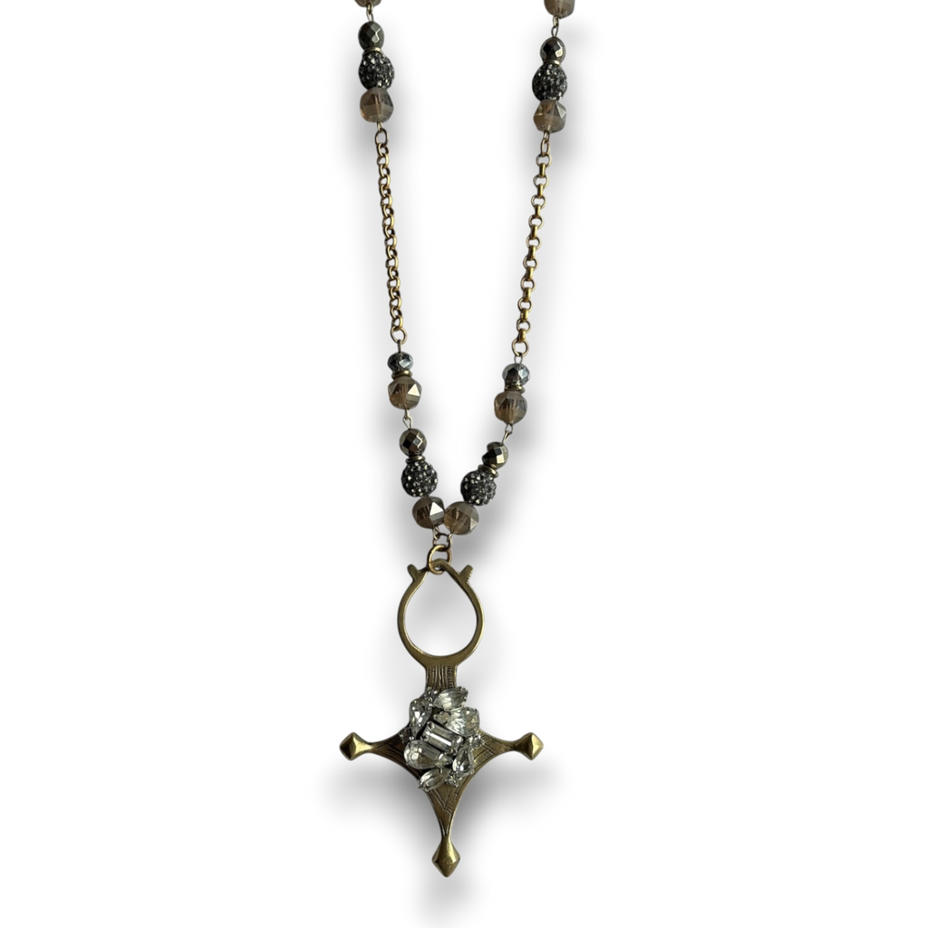 Ethiopian Cross Necklace — Brass, Hand-Placed Vintage Rhinestones & Czech Glass Beads | 28"