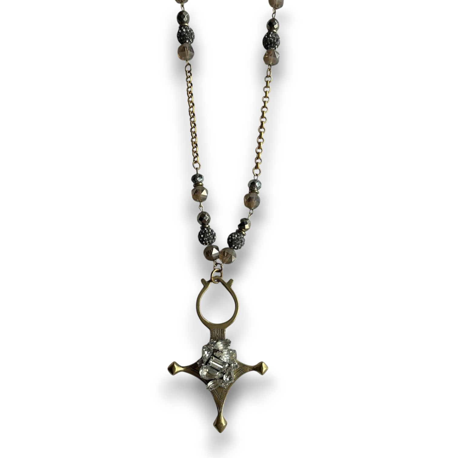 Ethiopian Cross Necklace — Brass, Hand-Placed Vintage Rhinestones & Czech Glass Beads | 28"