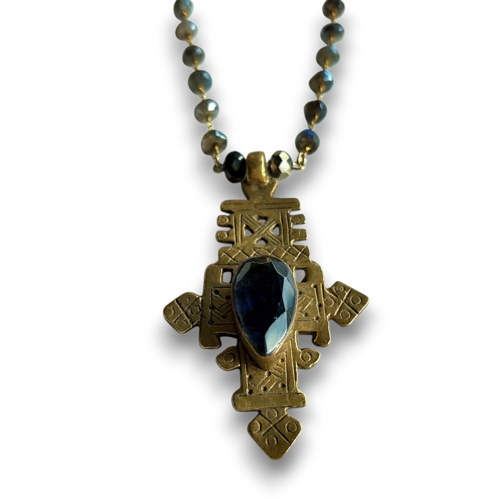 Tuareg Cross Necklace | African Brass with Blue Crystal & Gemstone Beads | 30"
