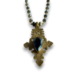 Tuareg Cross Necklace | African Brass with Blue Crystal & Gemstone Beads | 30"