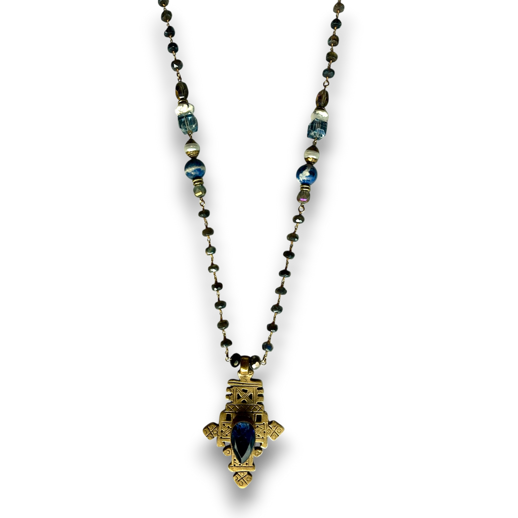 Tuareg Cross Necklace | African Brass with Blue Crystal & Gemstone Beads | 30"