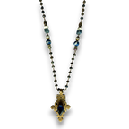 Tuareg Cross Necklace | African Brass with Blue Crystal & Gemstone Beads | 30"