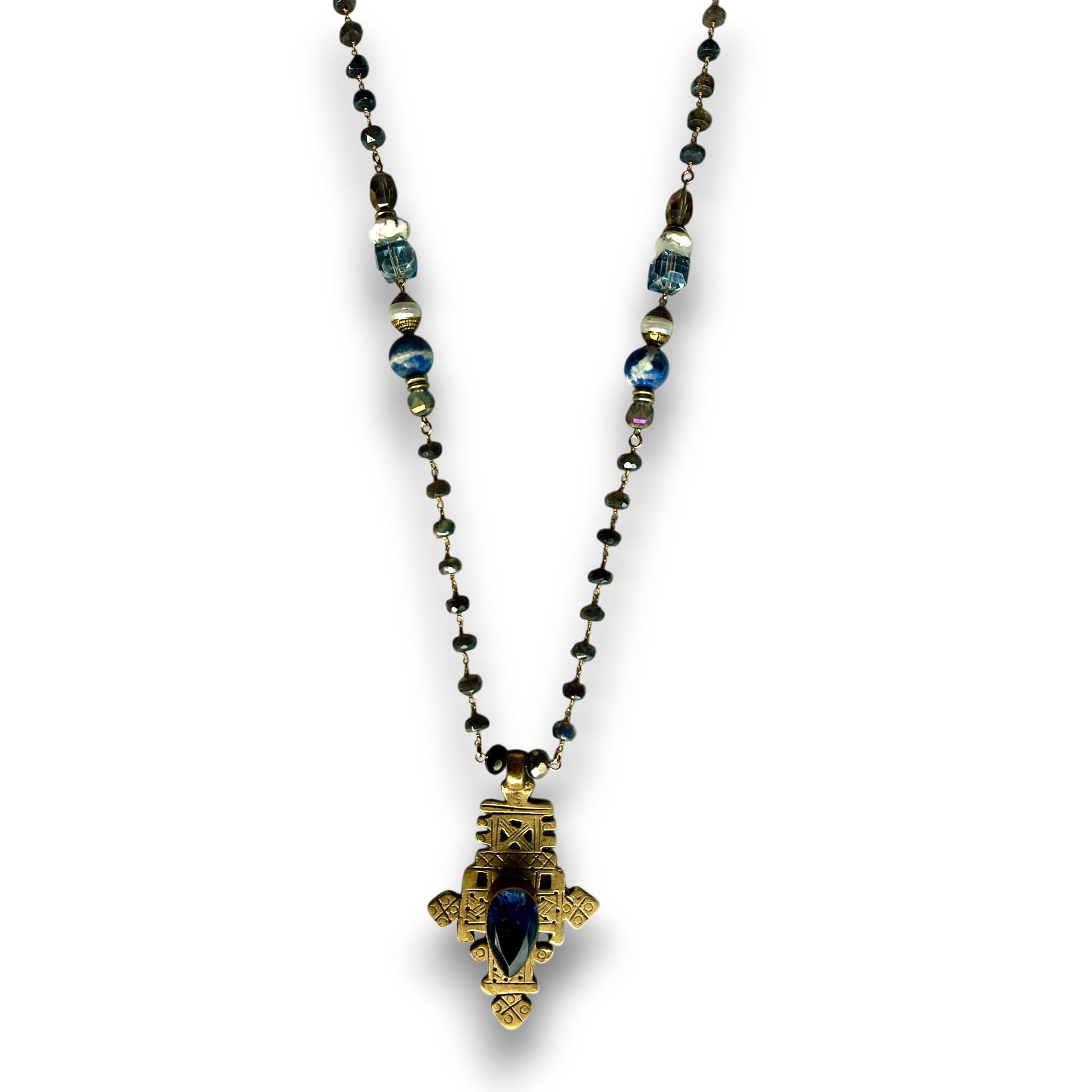 Tuareg Cross Necklace | African Brass with Blue Crystal & Gemstone Beads | 30"
