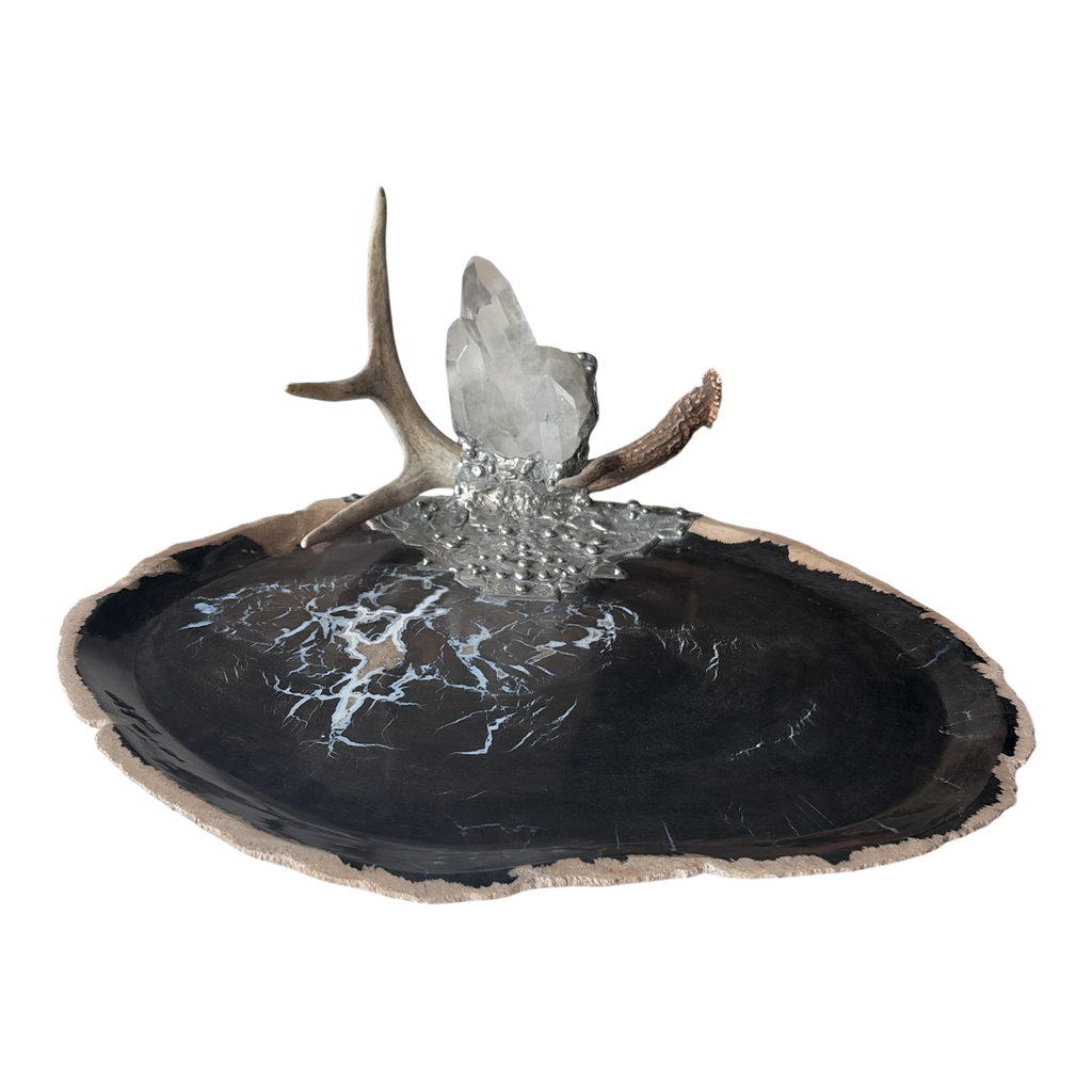 Petrified Wood Relic Tray, Embellished with Shed Antler, Quartz Crystal & Silver