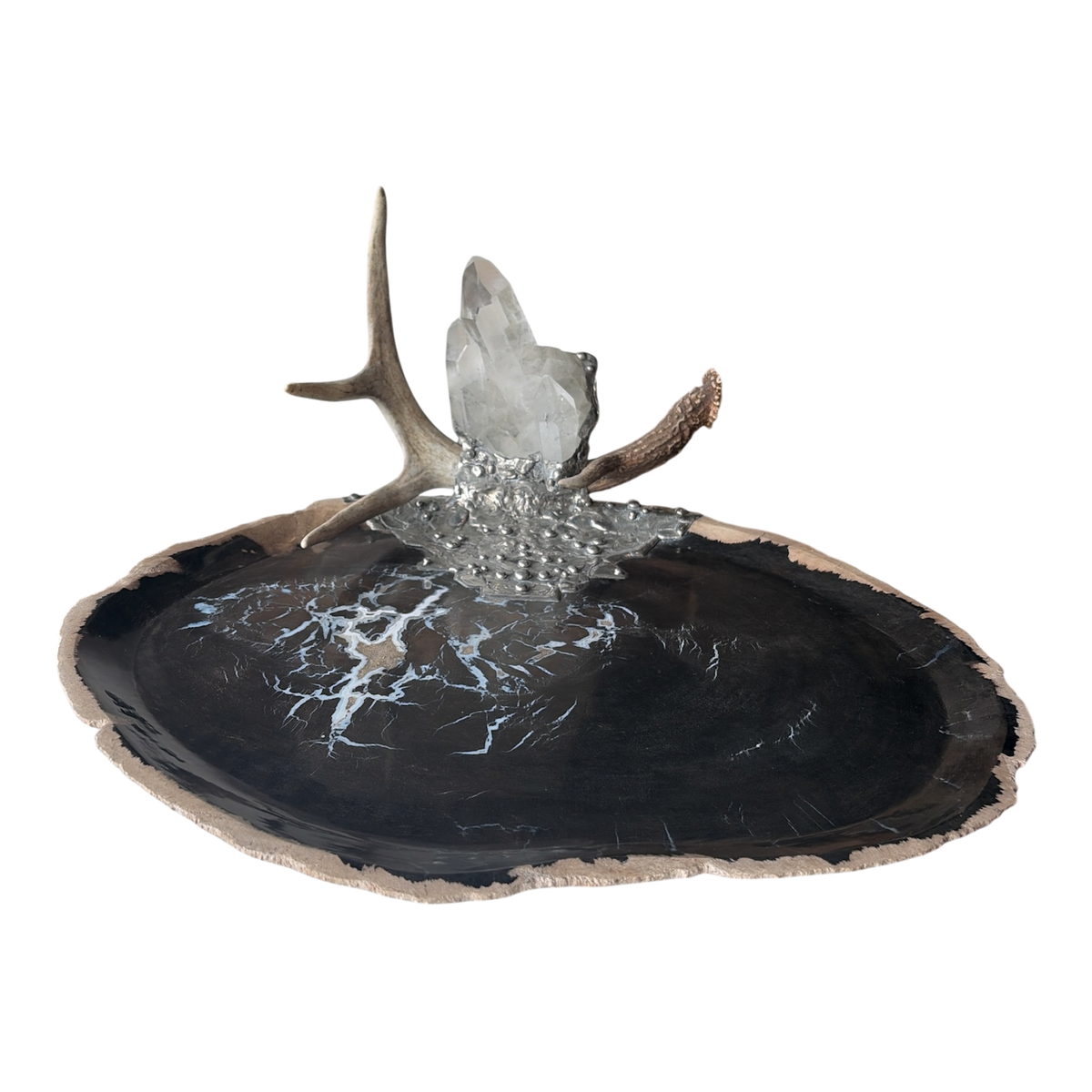 Petrified Wood Relic Tray, Embellished with Shed Antler, Quartz Crystal & Silver