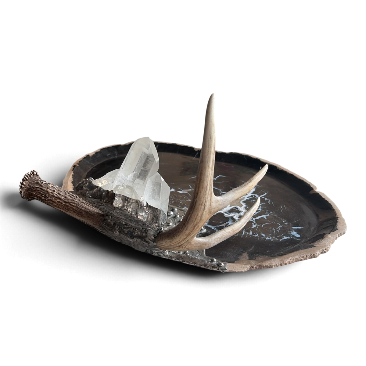 Petrified Wood Relic Tray, Embellished with Shed Antler, Quartz Crystal & Silver