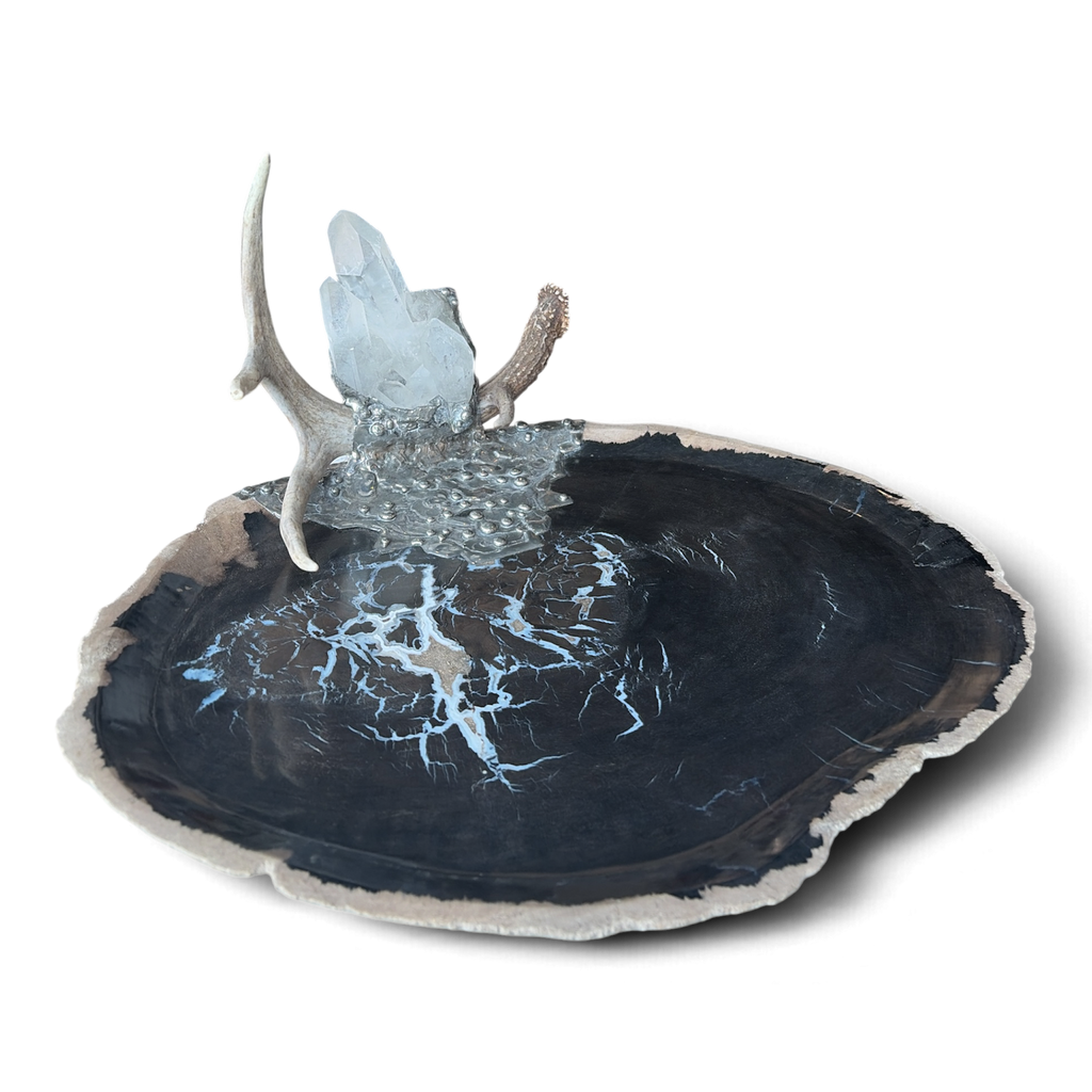 Petrified Wood Relic Tray, Embellished with Shed Antler, Quartz Crystal & Silver