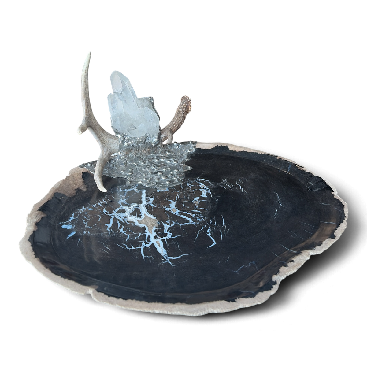 Petrified Wood Relic Tray, Embellished with Shed Antler, Quartz Crystal & Silver