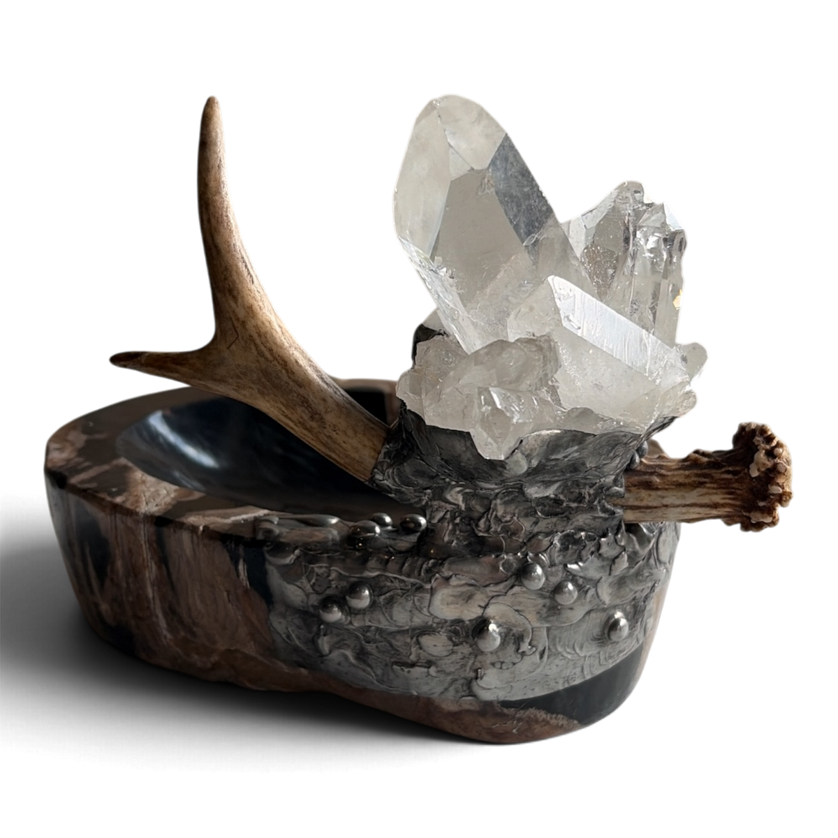 Petrified Wood Relic Bowl w/ Quartz Crystals, Antler & Silver Embellishments