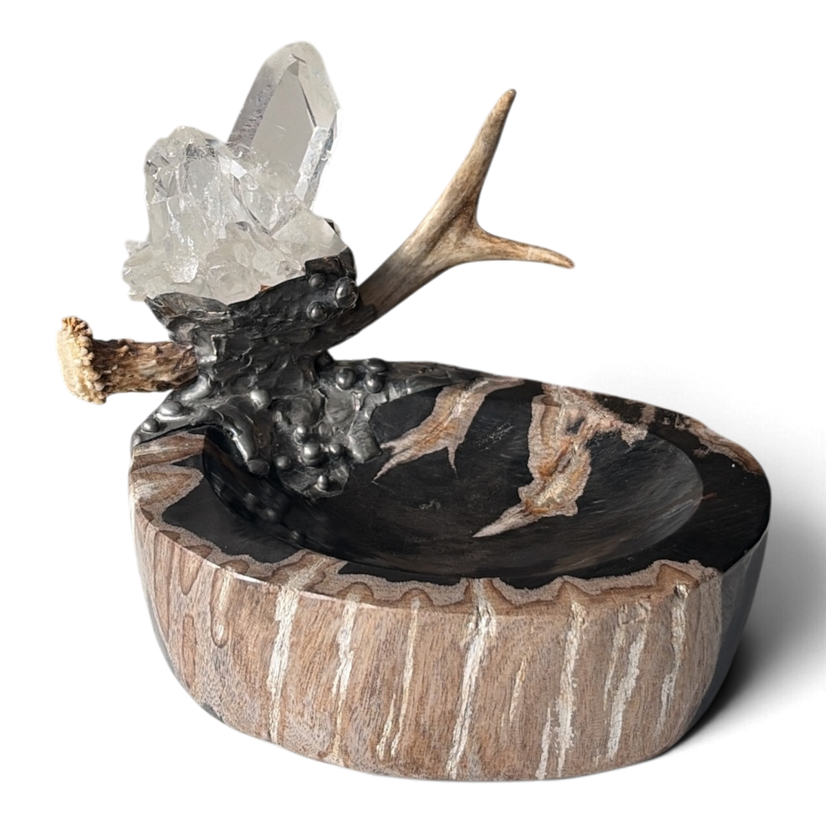 Petrified Wood Relic Bowl w/ Quartz Crystals, Antler & Silver Embellishments
