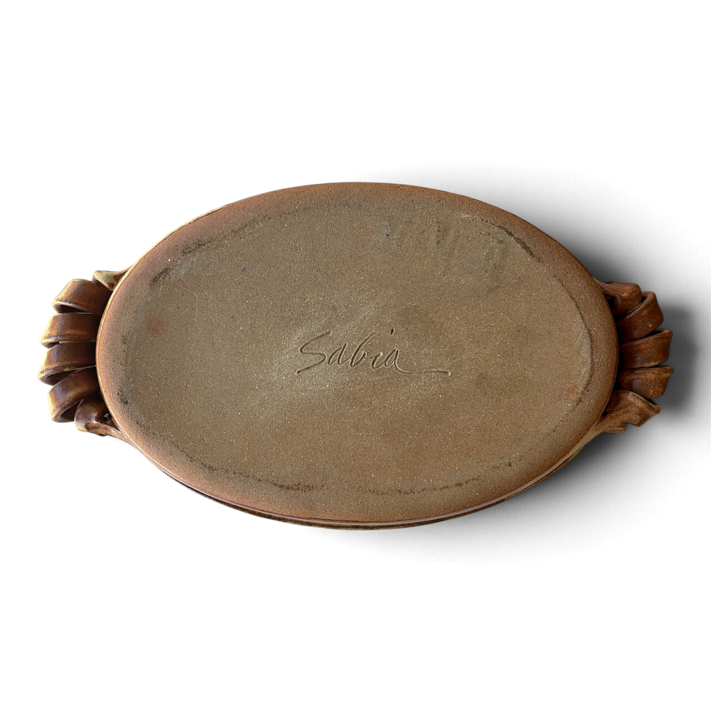 Vintage Studio Pottery Oval Baker with Ribbon Handles, Signed