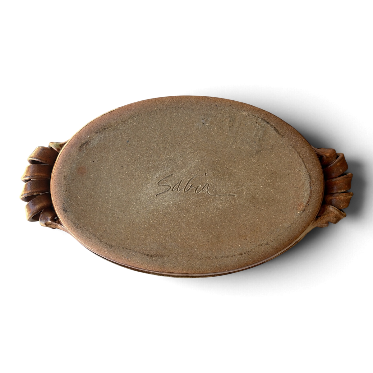 Vintage Studio Pottery Oval Baker with Ribbon Handles, Signed