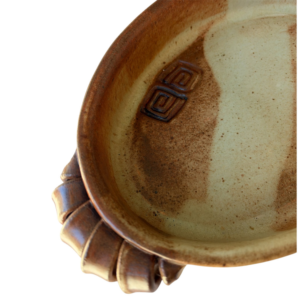Vintage Studio Pottery Oval Baker with Ribbon Handles, Signed