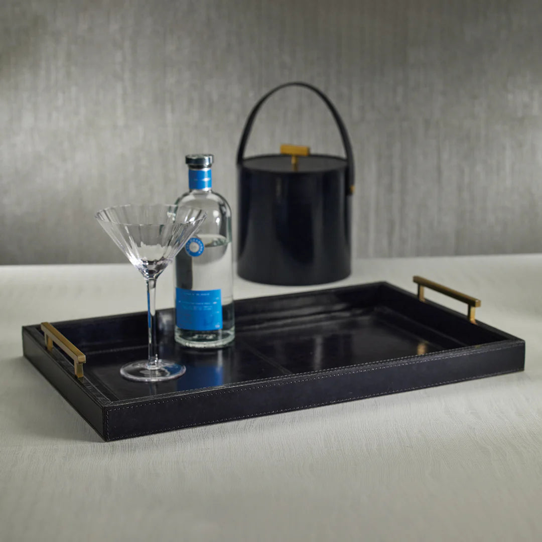 Savoy Blue Leather and Brass Bar Tray - Thumbnail 4