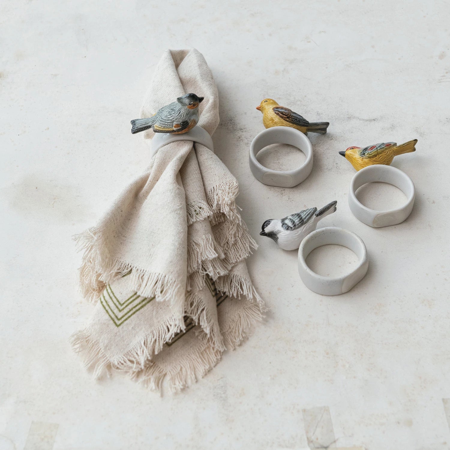 Stoneware Napkin Ring w/ Perched Bird | Set of 2