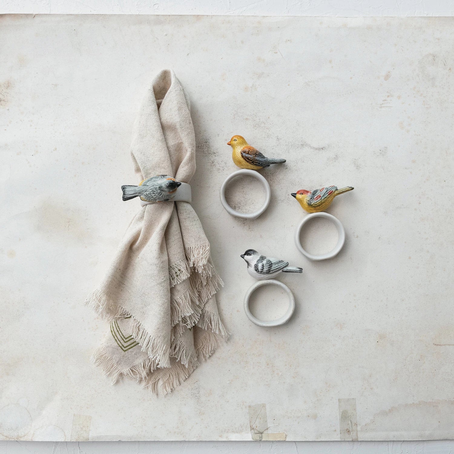 Stoneware Napkin Ring w/ Perched Bird | Set of 2