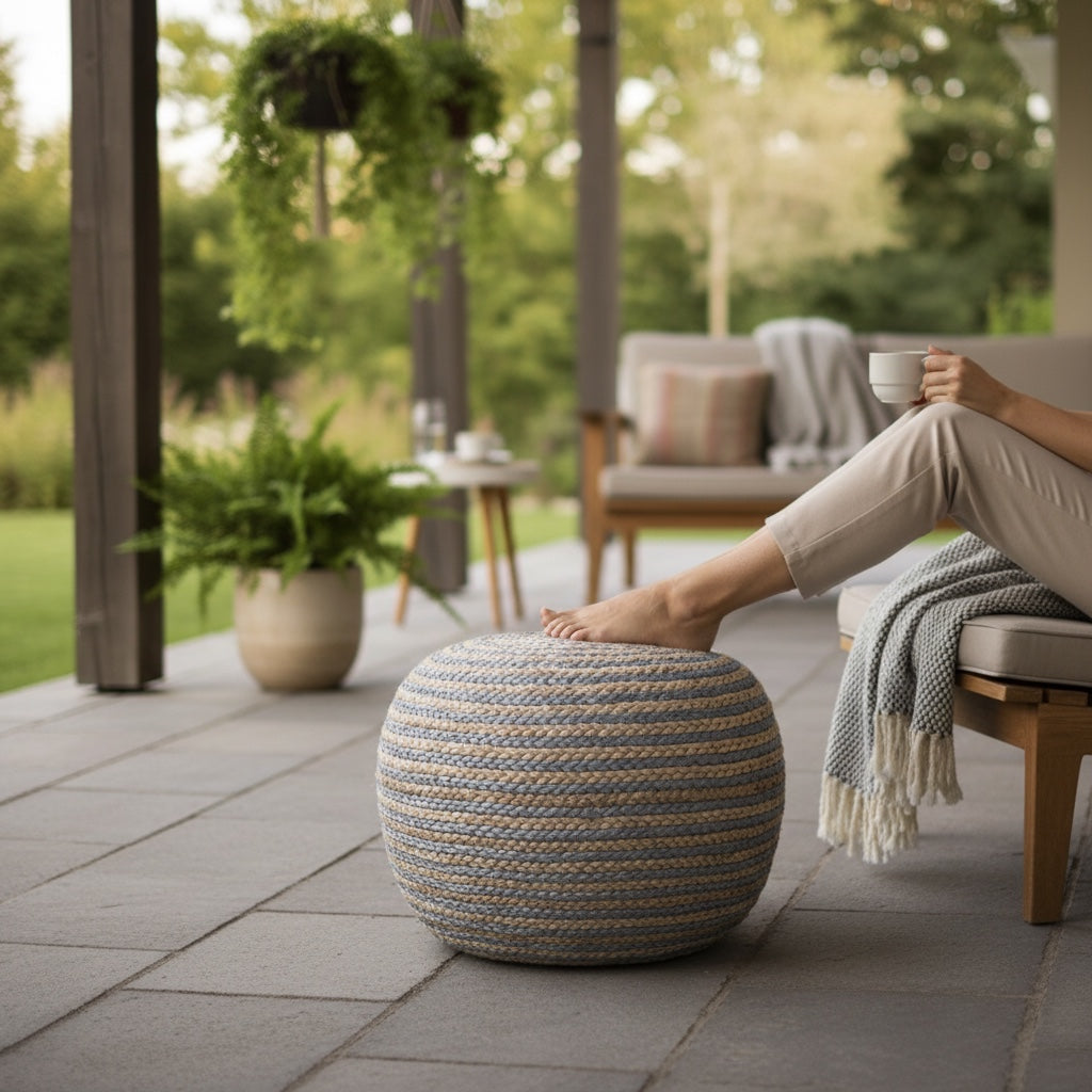 Natural Braided Jute & Cotton Pouf Ottoman | 20x14" | Gray & Natural Two-Tone