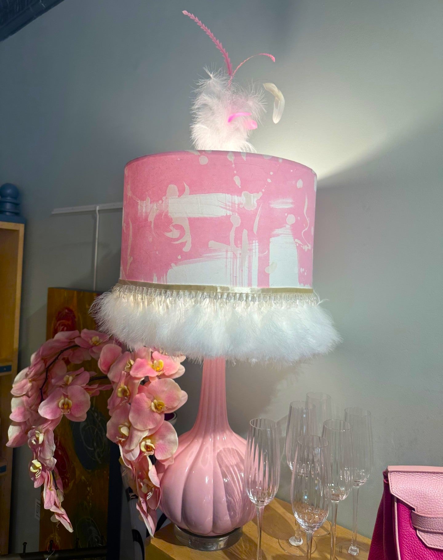 Hand-Painted Lamp Shade w/ Marabou & Crystal Trim 15"